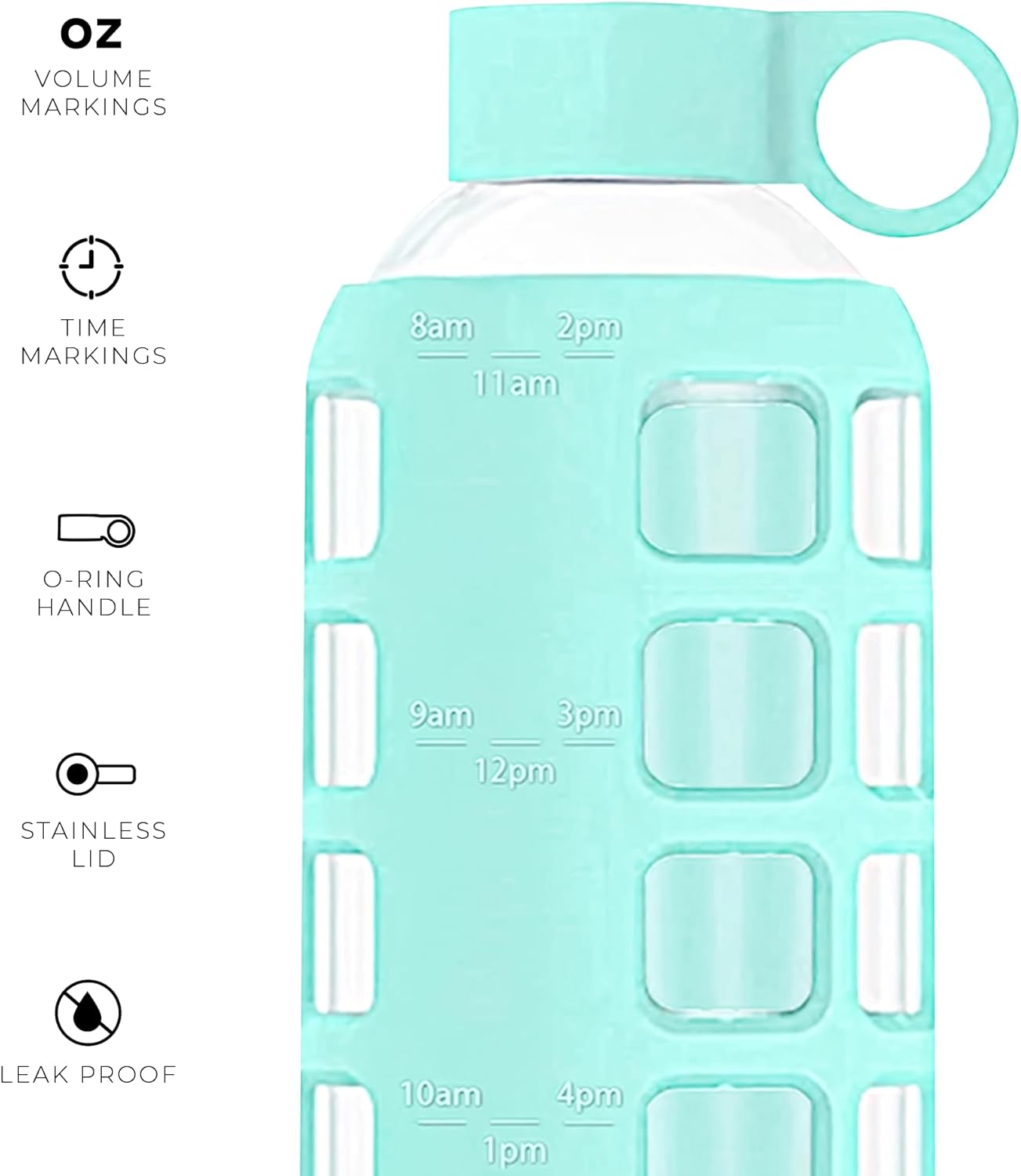 purifyou 40oz / 32oz / 22oz / 12oz Borosilicate Glass Water Bottle with Time & Volume Markers, Silicone Sleeve, Stainless Steel Lid – Reusable Glass Bottle for Water & Juice (22oz Glow-in-the-Dark)