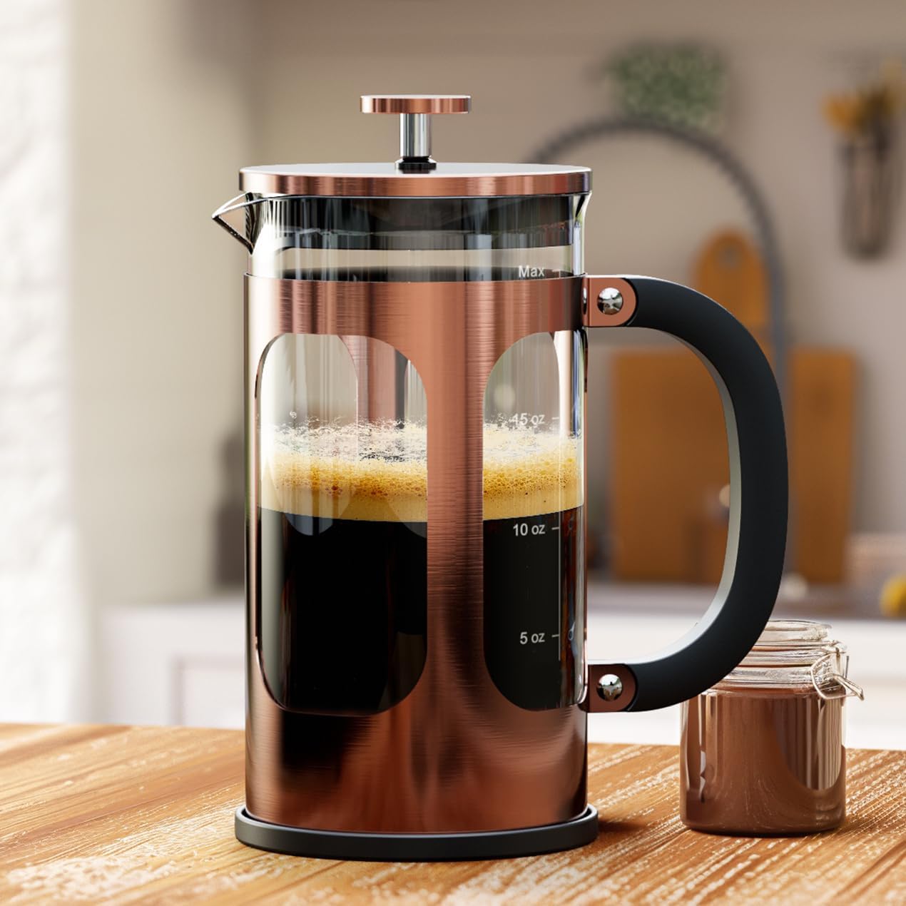 BAYKA 21 Ounce 0.6 Liter French Press Coffee Tea Maker Small, Heat Resistant Thickened Borosilicate Glass Stainless Steel Single Serve Brewer, Cold Brew Percolators, Cafetera Teapot, Copper