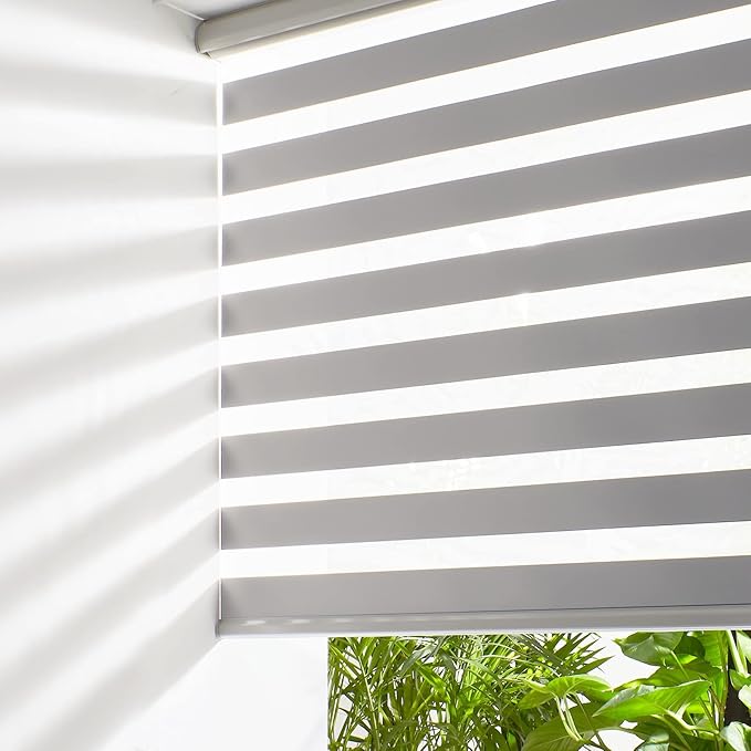 Persilux Cordless Zebra Blinds for Windows Shades (35.5" W x 64" H, Grey) Dual Layer Fabric Light Control for Day and Night Room Darkening Sheer Roller Shades for Home, Bedroom and Office