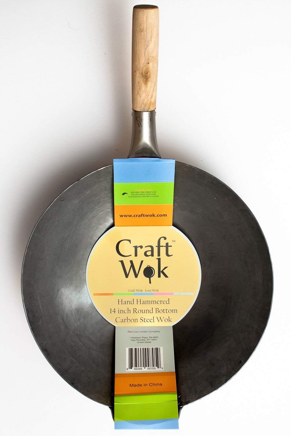 Craft Wok Traditional Hand Hammered Chinese Carbon Steel Wok with Wooden and Steel Helper Handle (14 Inch, Round Bottom Pow Wok Pan) / 731W88
