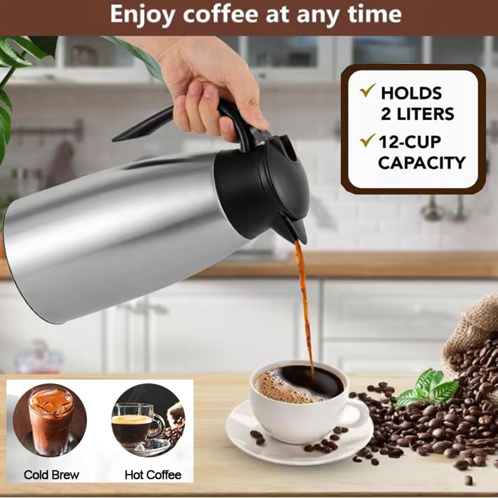 70 oz Thermal Coffee Carafe Stainless Steel, Insulated Coffee Carafe - Double Walled Vacuum Coffee Thermos Water Beverage Dispenser for Keeping12 Hour Hot/24 Hour Cold Water, Thermal carafe (Silver)
