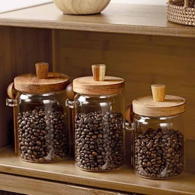 ANSQU Set of 2 Glass Food Storage Jars with Bamboo Wood Lid and Spoon, 27oz Glass Kitchen Canisters for Coffee, Tea, Cereal, Spice and Canning, Mason Jars (27oz-2pack)