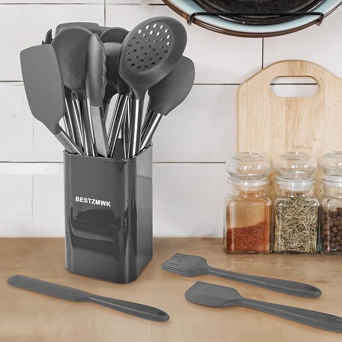 Kitchen Utensil Set-Silicone Cooking Utensils-33 Kitchen Gadgets & Spoons for Nonstick Cookware-Silicone and Stainless Steel Spatula Set-Best Kitchen Tools, Useful Pots (Grey)