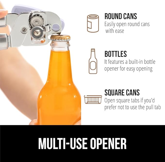 GORILLA GRIP Heavy Duty Stainless Steel Smooth Edge Manual Can Opener and Bottle Openers, Soft Comfortable Handle, Oversized Handheld Turn Knob, US Designed Multifunctional Kitchen Tool, Lavender