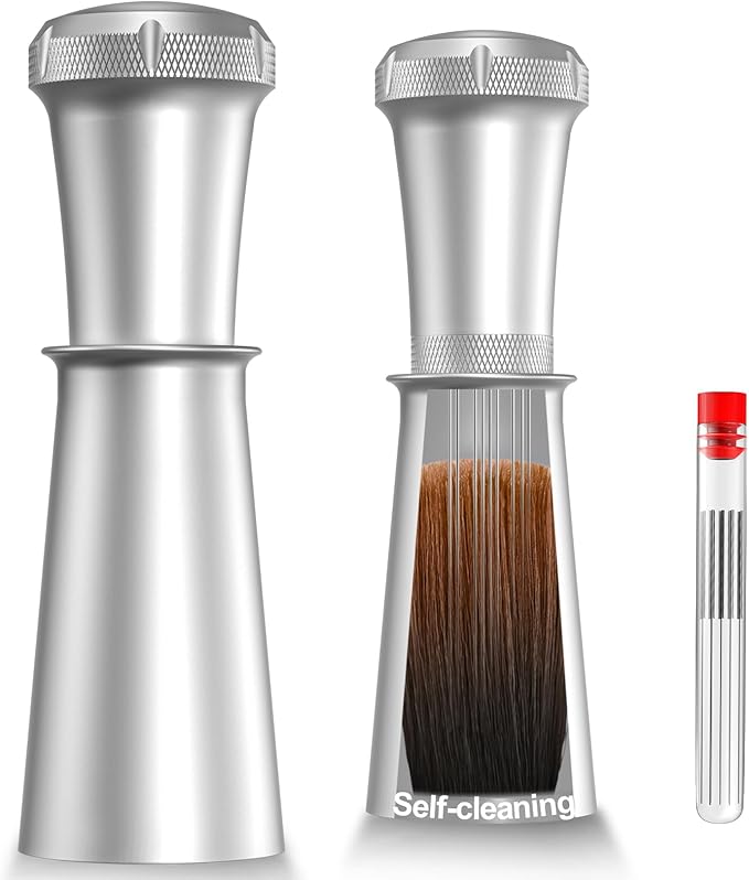 WDT Espresso Stirrer, Espresso Distribution Tool with Self Cleaning Brush, 10 x 0.35mm WDT Needles and Extra 10 Needles for Espresso Distributor, Aluminum Handle with Stand for Barista