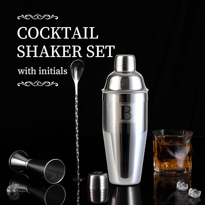 24oz Cocktail Shaker Set with 1 oz 2oz Jigger - Monogramm Initials Martini Shaker Set - 304 Stainless Steel Bar Shaker for Margarita,Mojito-Personalized Gift for Friend,Husband-N