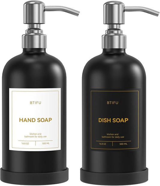 Kitchen Soap Dispenser Set – 16.8oz/500ml Glass Hand and Dish Soap Dispenser with Stainless Steel Pumps & Non-Slip Silicone Base, Luxury Countertop Decor for Home, Airbnb, Restaurant (Black & Silver)