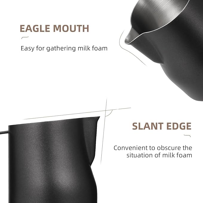 MHW-3BOMBER Milk Frothing Pitcher 450ml/15.2oz Milk Frother Cup Espresso Steaming Pitcher Stainless Steel Milk Frother Cup Barista Latte Art Round Spout Milk Jug P6005MB