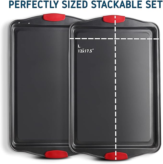 Baking Sheet Set, 2-Piece Large Cookie Sheet Set with Silicone Handles, Steel Baking Pan, Baking Sheets for Oven, BPA Free Nonstick Set, Half Sheet Pans, Black Baking Tray