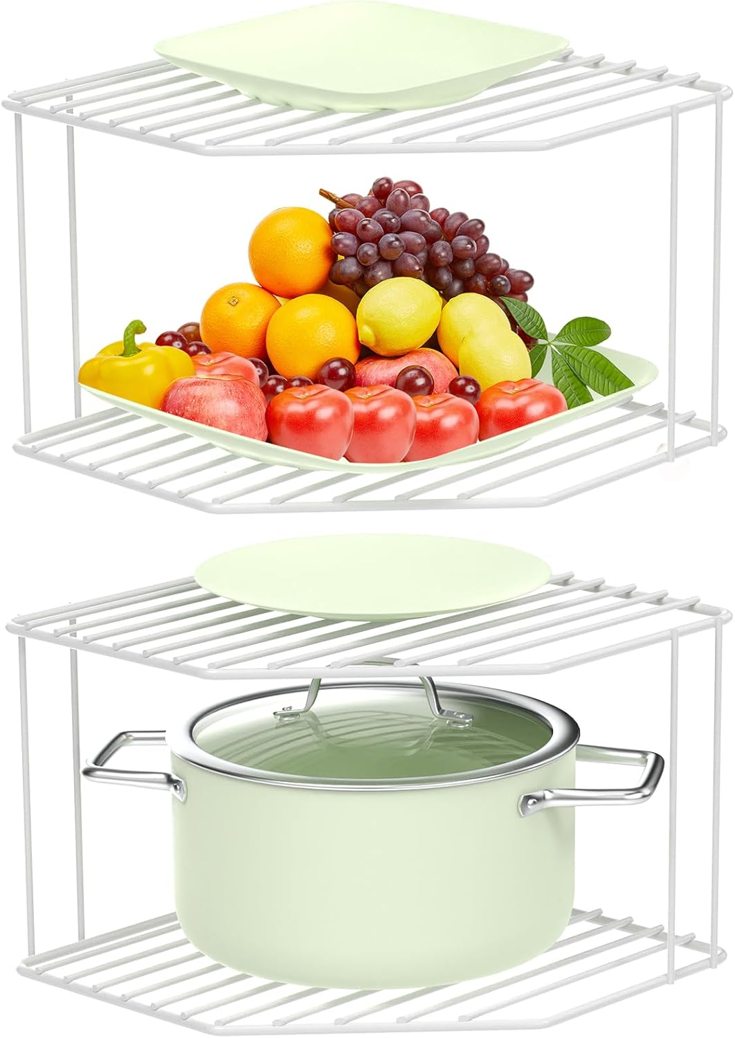 AKAZA 2Pcs 2-Tier Corner Stackable Organizer Shelf for Kitchen - Cabinet Storage Shelf Rack, Shelves，Kitchen Counter and Cabinet Shelf, Storage Rack Organizer for Kitchen(White)