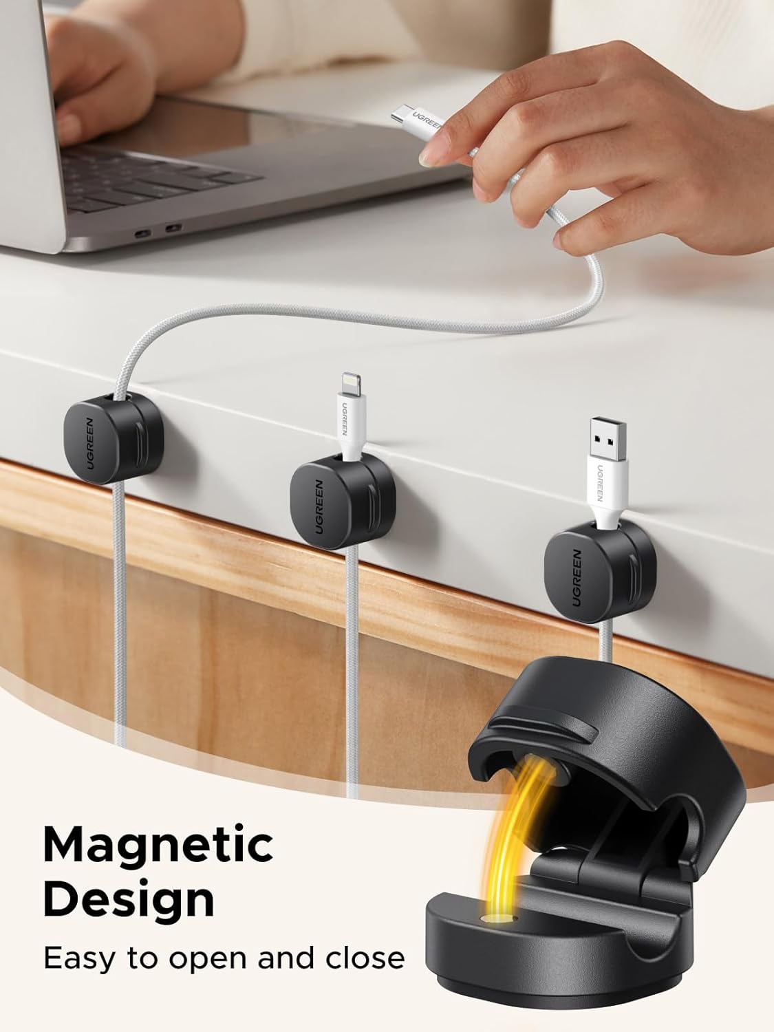 UGREEN Cable Organizer Clips, Adhesive Cable Management - 6-Pack Strong Magnetic Cord Holder for Desk to Keep Phone Charging Cables, Computer Cords, and Various Cord Organized for Nightstand, Black