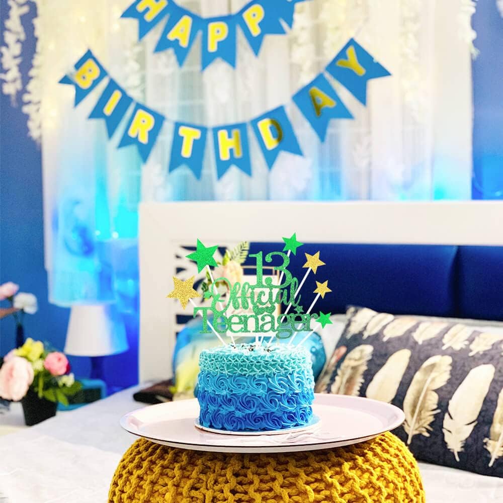 Glittery 13 Ofiicial Teenager Cake Topper with Star,13th Happy Birthday Cake Topper Party Decorations Party Supplies for Boys Girls Green Gold