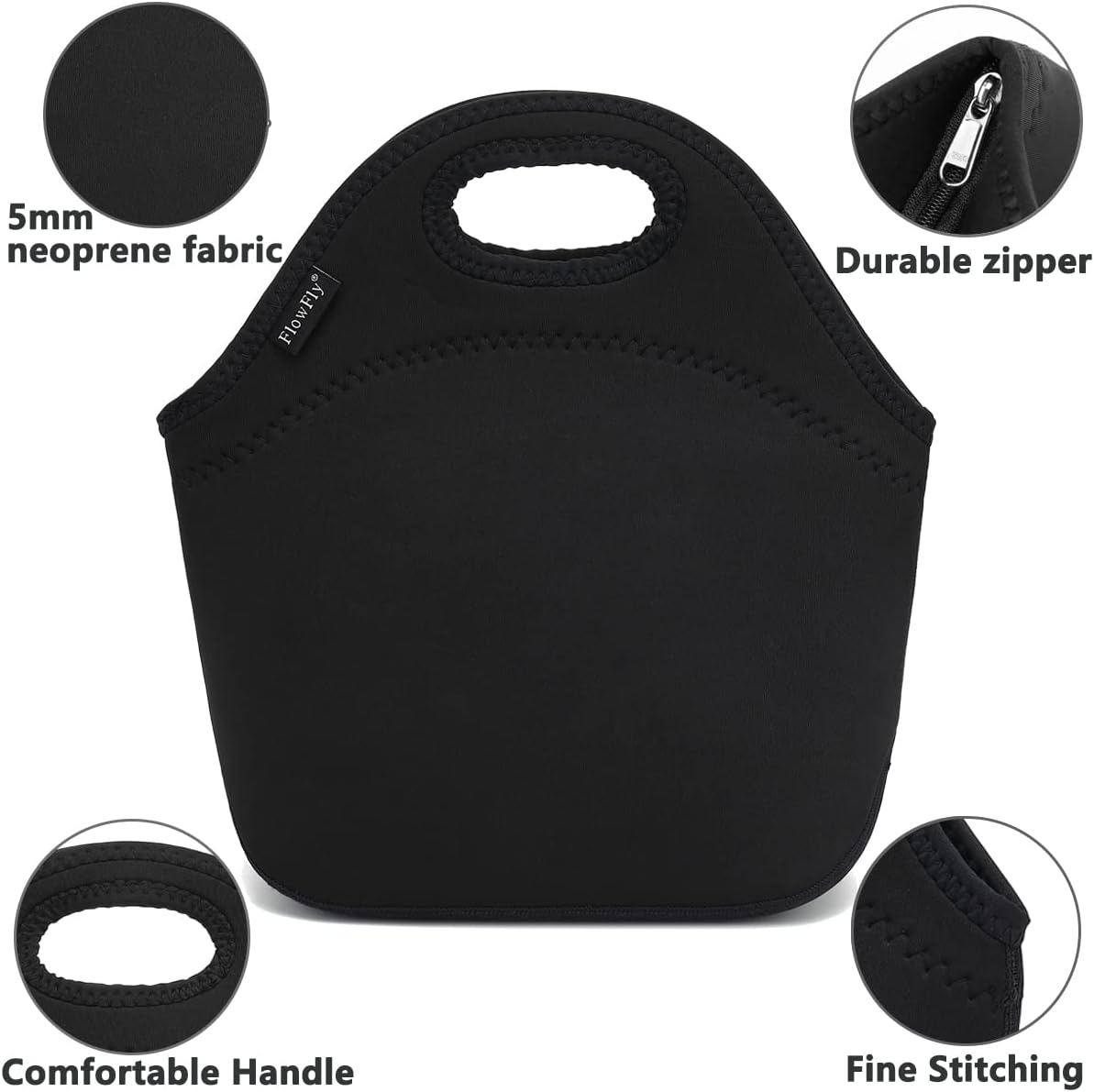 FlowFly Neoprene kids Lunch box Insulated Soft Bag Mini Cooler Thermal Meal Tote Kit for Boys, Girls,Men,Women,School,Work, Office,Black