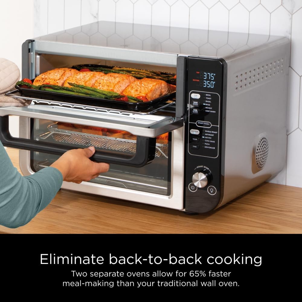 Ninja DCT401 12-in-1 Double Oven with FlexDoor, FlavorSeal & Smart Finish, Rapid Top Convection and Air Fry Bottom , Bake, Roast, Toast, Air Fry, Pizza and More, Stainless Steel