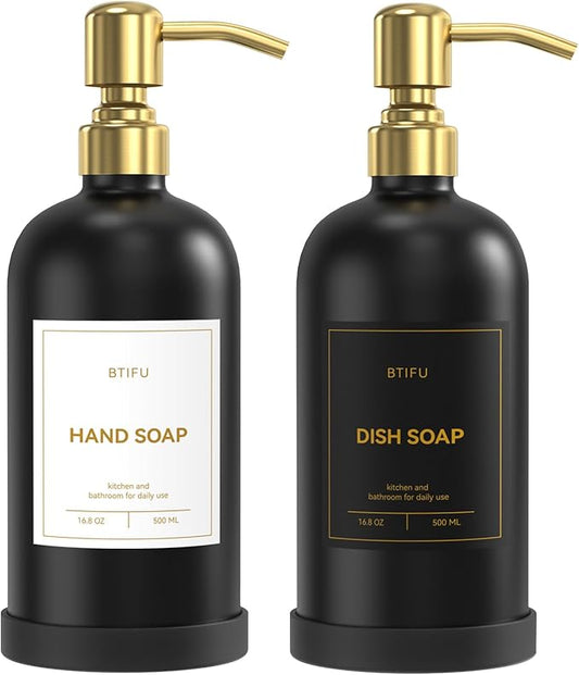 Kitchen Soap Dispenser Set – 16.8oz/500ml Glass Hand and Dish Soap Dispenser with Stainless Steel Pumps & Non-Slip Silicone Base, Luxury Countertop Decor for Home, Airbnb, Hotel (Black & Gold)