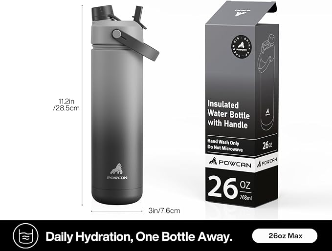 POWCAN 26 oz Insulated Water Bottle with 2-in-1 Straw and Spout Lid, Keep Cold 24H, Leak-Proof, Fits in Car Cup Holder, Stainless Steel Water Bottle for Sports, Travel, Gym, and School (Obsidian)
