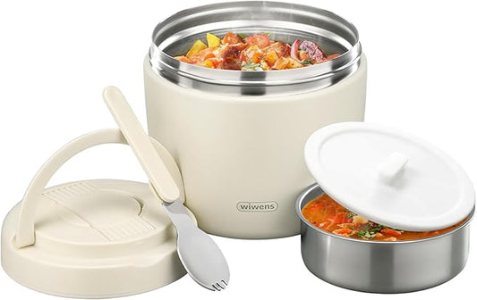 wiwens Thermo Food Jar for Hot Food Adults 32OZ Soup Thermo Lunch Containers Wide Mouth Vacuum Insulated Stainless Steel Leakproof Bento Box with Spoon (Beige)
