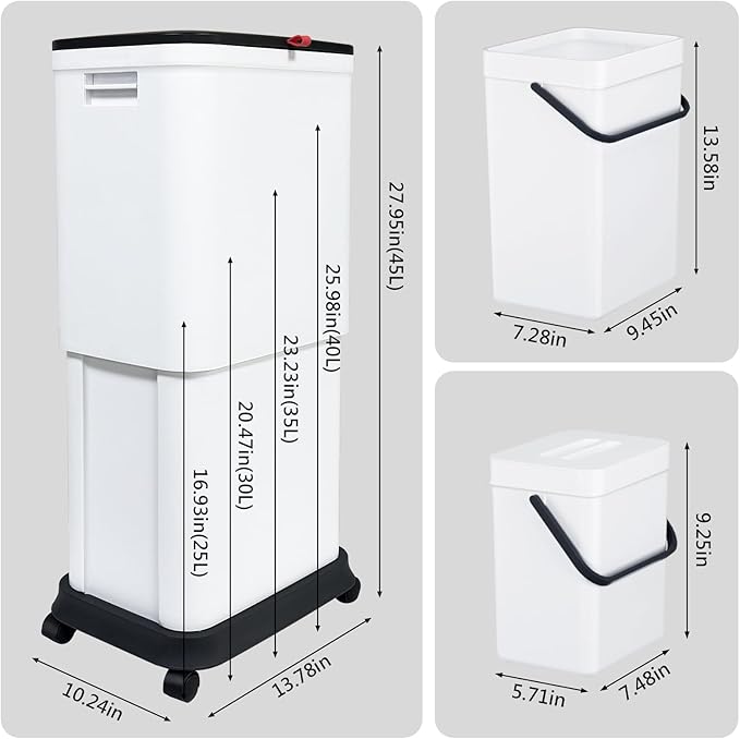 Gintan 13 Gallon Trash Can with Lid, 25-45 L Altitude Variable Bin, Garbage Can with Wheels for Kitchen, Bathroom, Bedroom, Office, with Two Space-Saving Hangable Small Waste Bin and Garbage Bag
