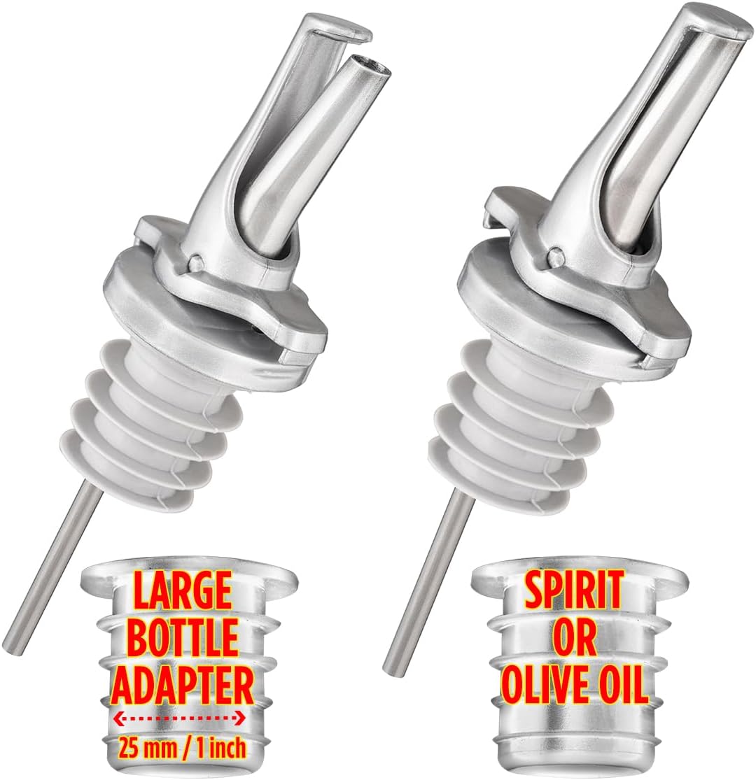 3-in-1 Liquor Bottle Pour Spouts with Built-in Fruit Fly Protection - Dishwasher Safe Hygienic Alcohol Pour Spouts - Also for Olive Oil, Juice, Syrup - Silver 2 Pack with 2 Adapters for Large Bottles