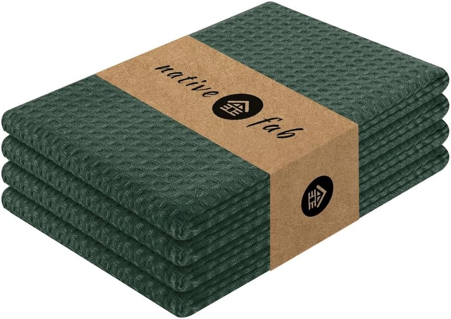 Native Fab Cotton Kitchen Towel with Hanging Loop 16x26 inches, 4-Pack, Waffle Weave Kitchen Towels for Cleaning Drying, Washcloths Soft & Absorbent Cloth Rags, Bar Towel, Dish Cloth, Olive Green