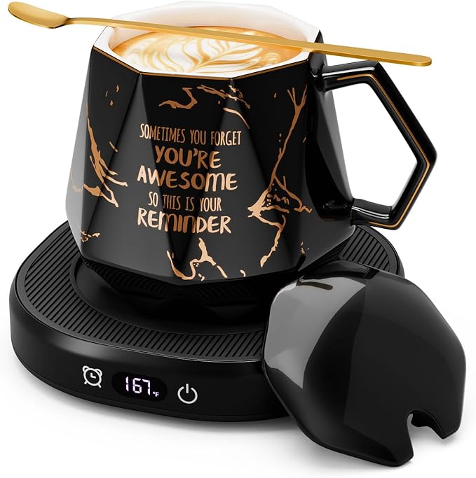 Coffee Mug Warmer & Awesome Mug Set, Smart Heated Electric Coffee Cup Warmer for Desk Office, 4 Temperature Control Tea Coffee Beverage Warmer, 8 Hours Auto Shut Off, Birthday Gifts for Women Man