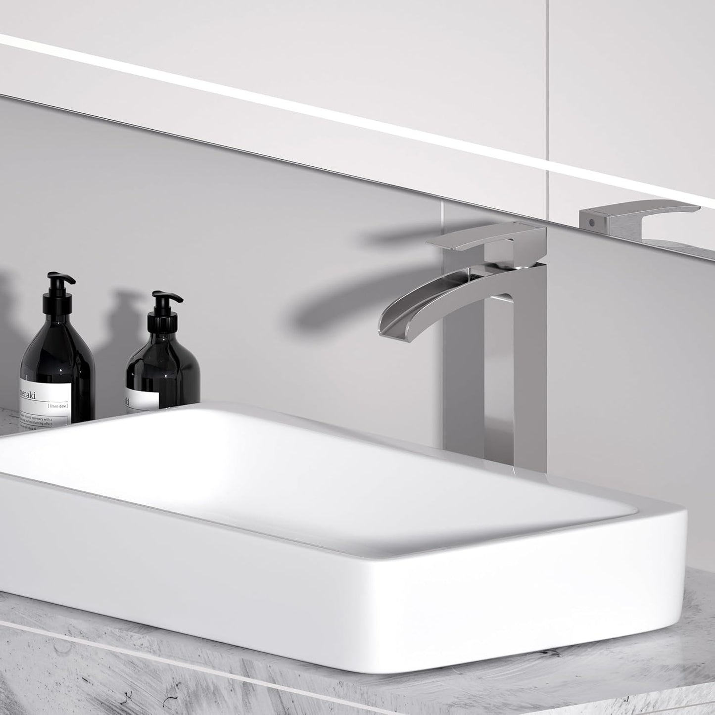 Bathroom Faucet Tall Vessel Waterfall Faucet Brushed Nickel Deck Mount Single Handle Lavatory with Water Supply Line