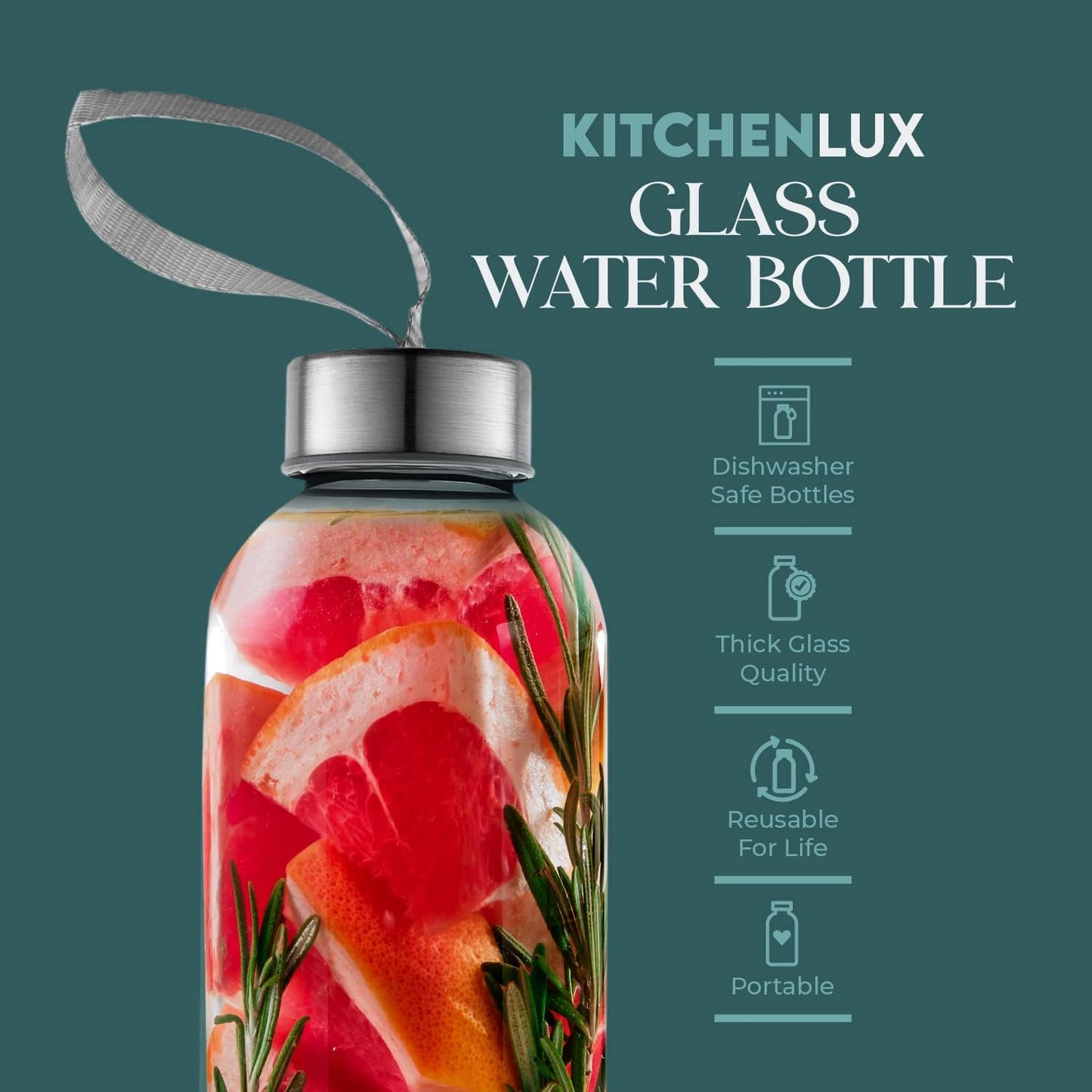 16 Ounce Glass Water Bottles, Reusable Water Bottles with Airtight, Pack of 12, Stainless Steel Lids Carrying Strap And Nylon Water Bottle Protective Sleeves for Hot Or Cold Drinks
