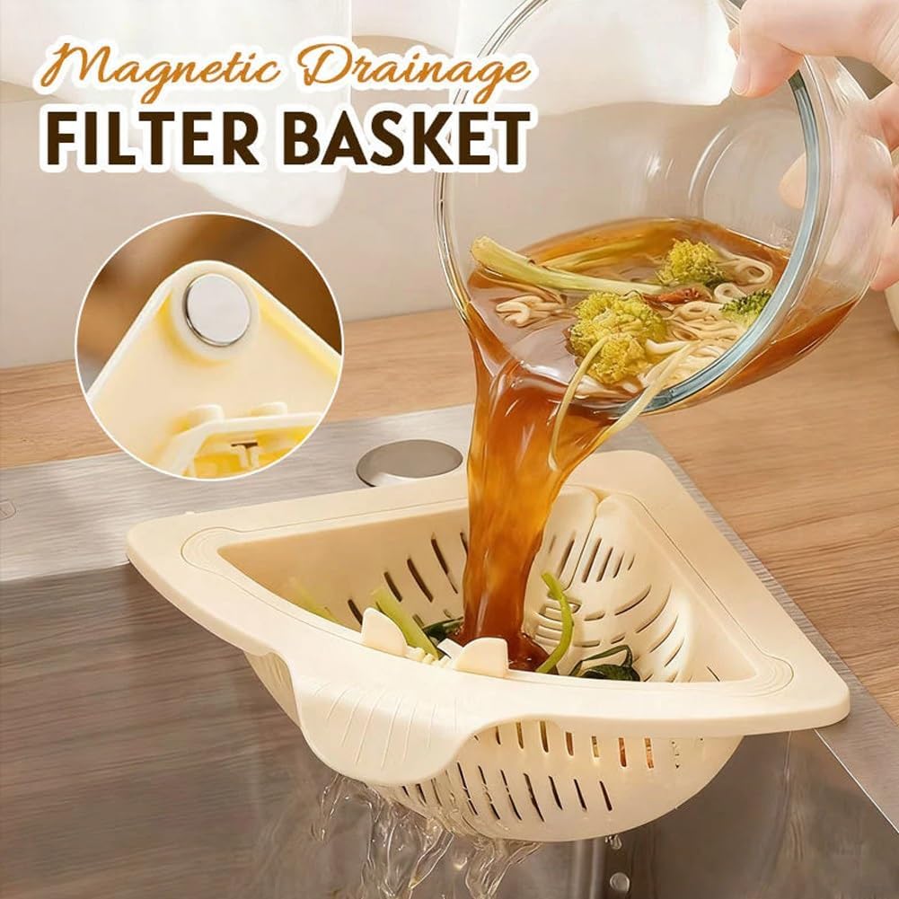 Magnetic Drainage & Filter Basket, Punch-Free Triangular Sink Strainer with Twist-Open Bottom, Strong Magnetic Fixation, Corner Kitchen Organizer for Washing Fruits & Vegetables(2pcs Color a)