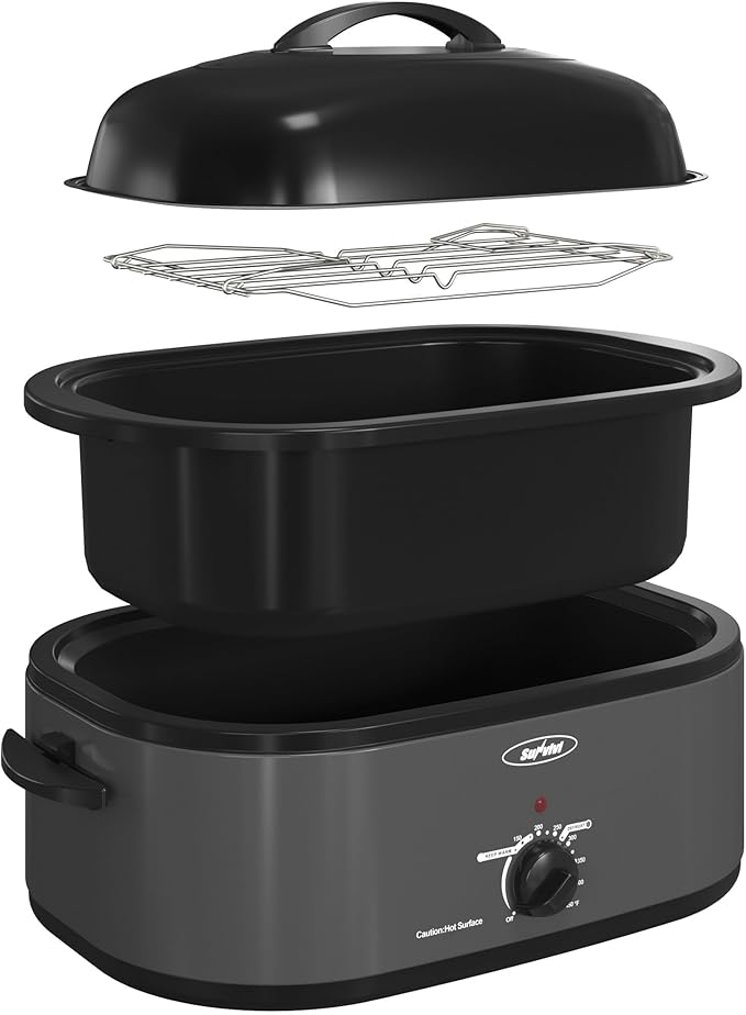 Royalcraft Roaster Oven with Self-Basting Lid, 18qt Electric Roaster with Removable Pan & Rack, Turkey Roaster Oven with Defrost & Warm Function, Stainless Steel, Grey