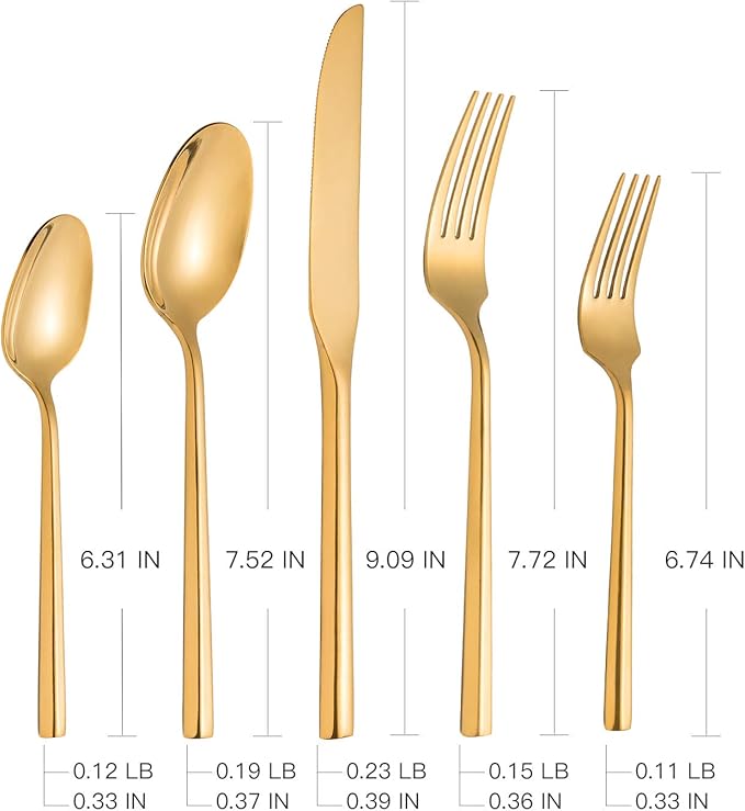 Silverware Set Flatware Set Shiny Gold Cutlery Set with Hexagon Handle Forged Stainless Steel Heavy 20 Pieces For Home Hotel Use Service for 4