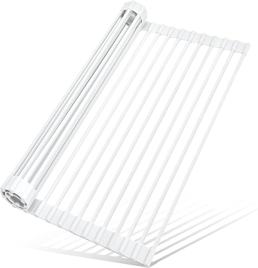 MERRYBOX Roll Up Over The Sink Dish Drying Rack Silicone Wrapped Foldable, Heat-Resistant, Anti-Slip Sink Rack Multipurpose Dish Drainer for Kitchen Sink Counter - White, 17.5" x 11"