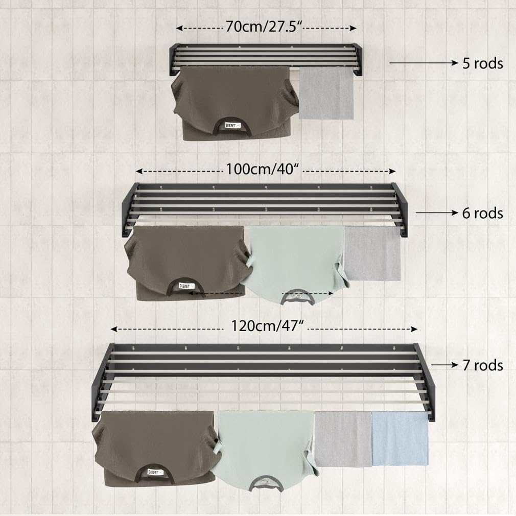 Step Up Laundry Drying Rack (27.5-INCH Industrial Gray), Wall Mounted, Retractable Clothes Drying Rack, 40lbs Load Capacity, 11.6 Linear Ft, with Wall Template and Long Screwdriver Bit