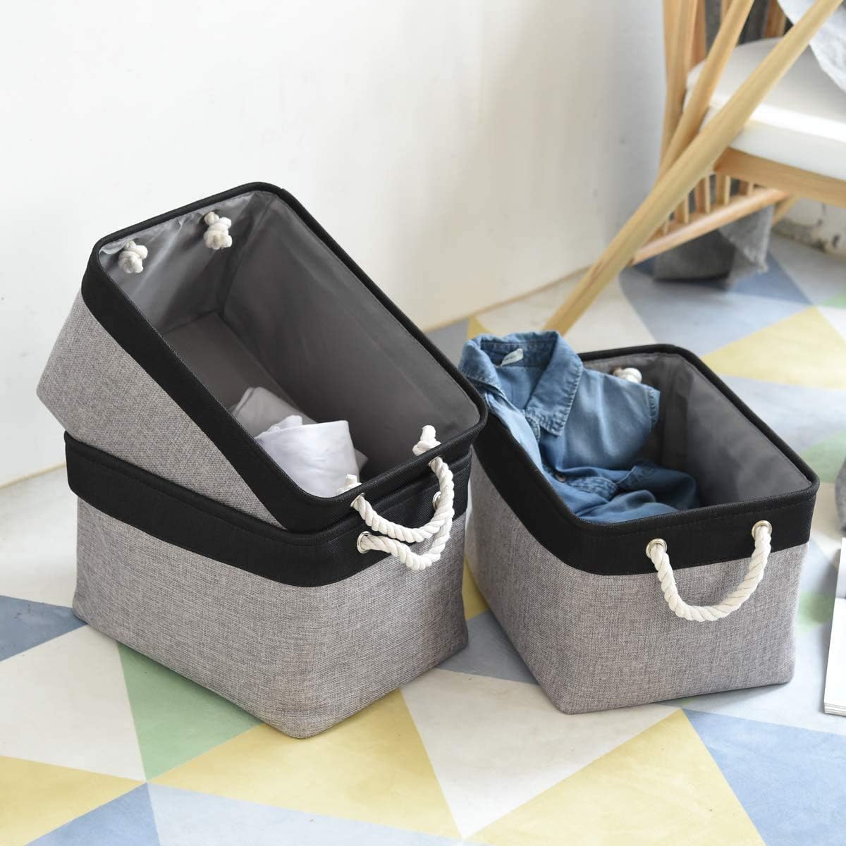 TheWarmHome Collapsible Storage Bin for Shelves - 16x12x8 inch Large 3 Pack Storage Basket for Organizing with Rope, Fabric Storage Cubes for Organizer Toy Cloth Gift Closet (Black & Grey)