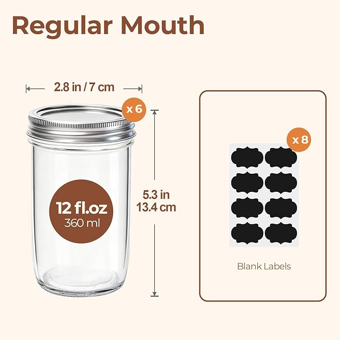 ComSaf 12 oz Mason Jars with Lids 6 Pcs, Regular Mouth Canning Jars with Seal Bands, 12 oz Glass Jar with lid for Soft Drinks, Juice, Jam, Jelly, Sauce, Dessert, Overnight Oats, Pickles