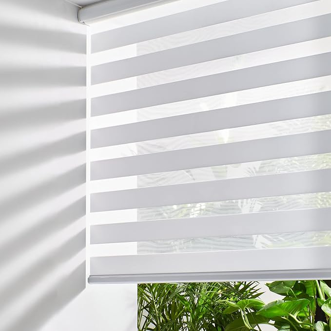 Persilux Cordless Zebra Blinds for Windows (47" W X 64" H, White) Free-Stop Dual Layer Roller Windows Shades for Day and Night, Light Filtering Sheer Shades for Home, Bedroom, Easy to Install