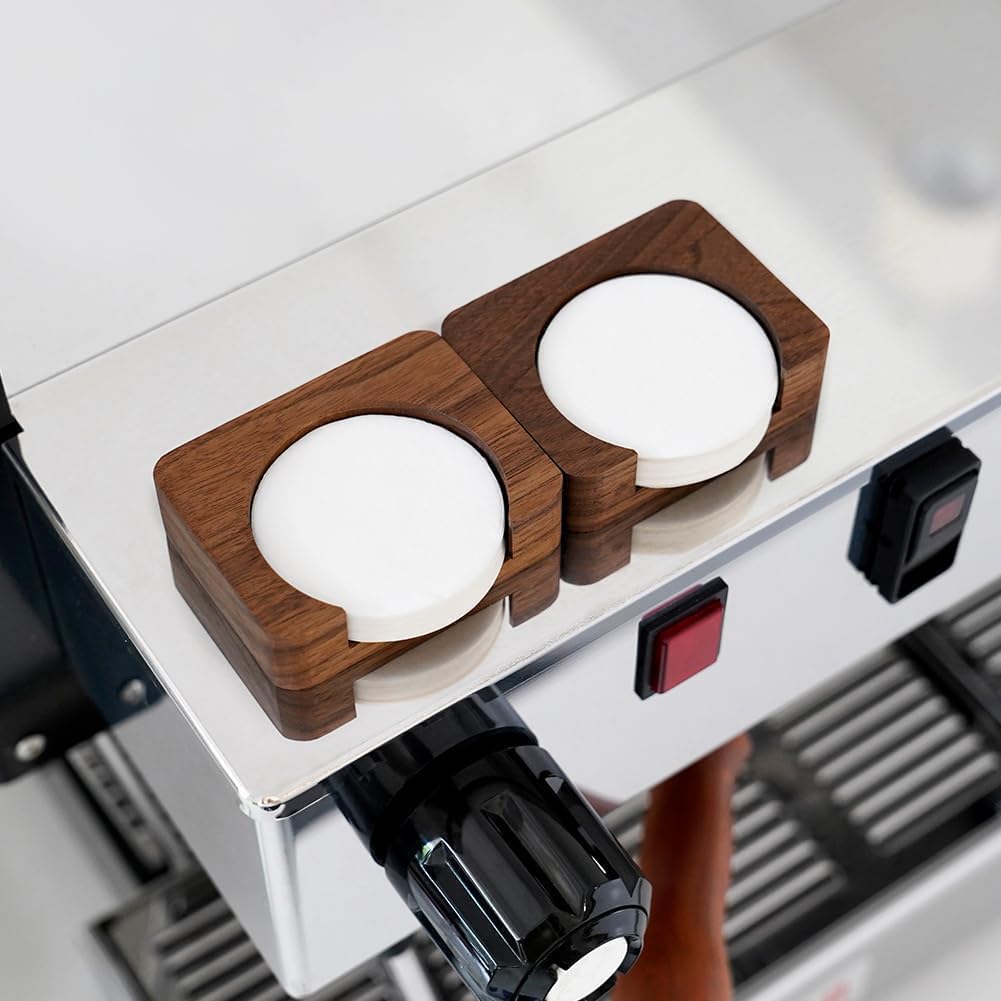 watchget Espresso Paper Filter Holder Coffee Filter Storage Container Coffee Filter Dispenser Compatible with 51mm/53mm/54mm/58mm Round Disposable Puck Screen Paper Filters, Wood