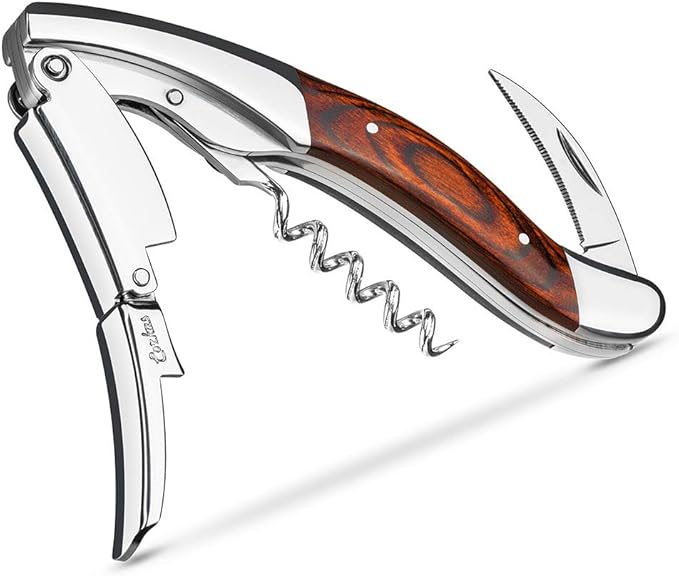 CORKAS Extravagant Professional Wine Key for Executive Waiter, Heavy Double Hinged Fulcrum Corkscrew Wine Opener with Premium Rosewood Handle and Foil Cutter, Great Birthday Gift for Sommelier, Waiter