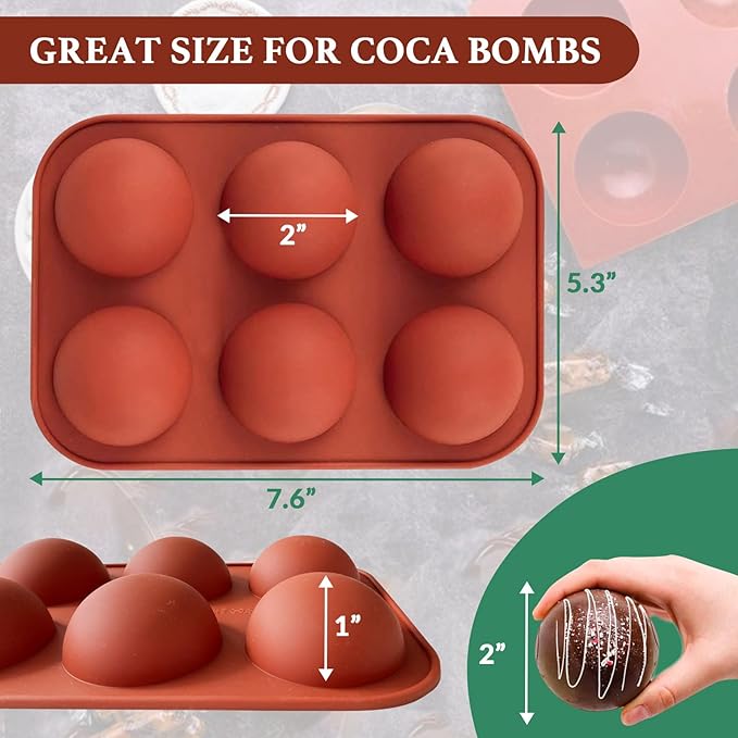 Hot Chocolate Cocoa Bomb Molds Hemisphere Silicone 2 Inch 4 Pack, Semi Ball Mould 6 Cavity Large Circular, BPA Free Non-Stick Half Sphere Holiday Valentine DIY Cake Jelly Dome Mousse