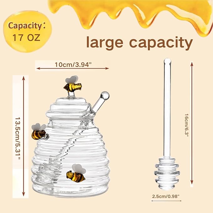 glass honey jar with dipper,beehive shaped honey pot,honey container with dipper large,17 oz