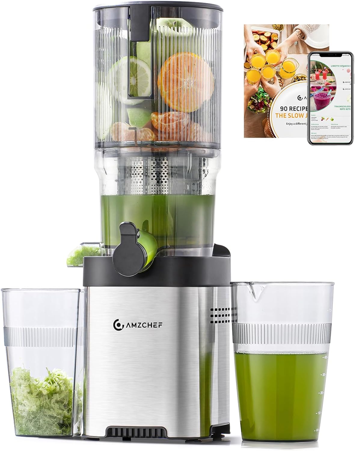 AMZCHEF Cold Press Juicer, 5.2" Juicer Machines with Large Feed Chute for Whole Fruits & Vegetables, Stainless Steel Juice Extractor with Large Auger, Triple Strainers, Easy Cleanup & Assembly