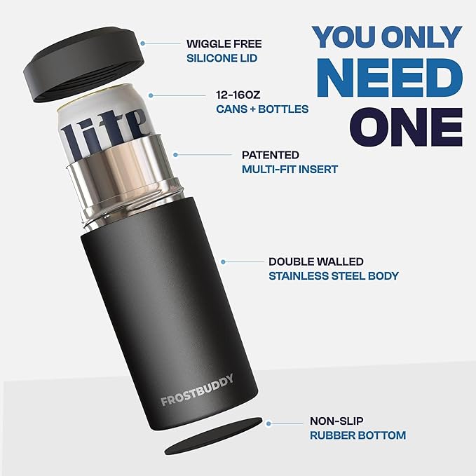 Frost Buddy Universal Can Cooler - Fits all - Stainless Steel Can Cooler for 12 oz & 16 oz Regular or Slim Cans & Bottles - Stainless Steel (Party Peeps)