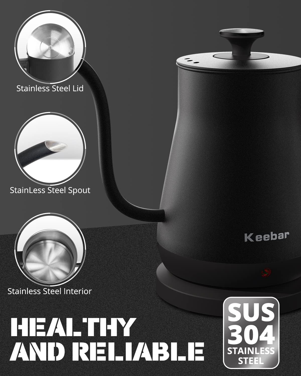 Electric Kettle, Gooseneck Kettle with Auto Shut Off, 0.8L Small Eletric Tea Kettle, Precise Spout Designed for Coffee Tea, 1000W Quick Heat Up, Stainless Steel, Matte Black