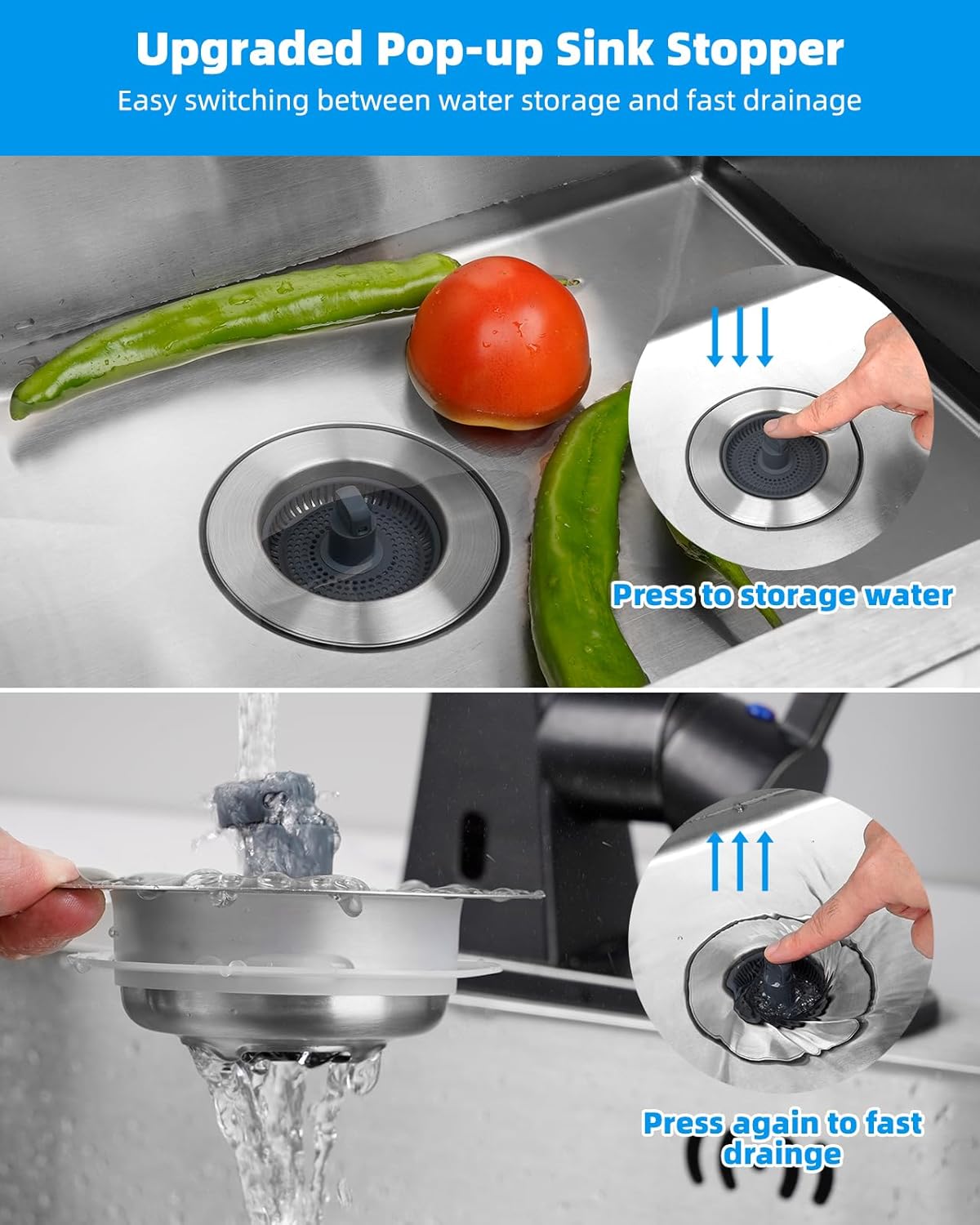 Hibbent Upgraded 3 in 1 Kitchen Sink Drain Strainer and Stopper Combo, Stainless Steel Metal Pop Up Sink Stopper, Anti-Clogging Basket with Foldable Handle for US Standard 3-1/2 Inch Drain