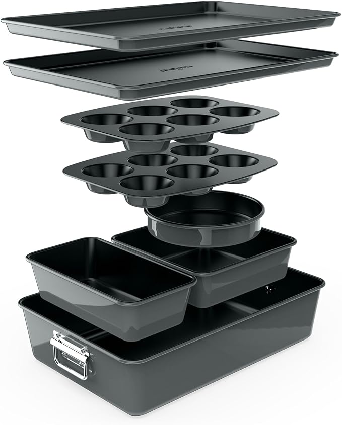 NutriChef 8-Piece Nonstick Stackable Bakeware Set - PFOA, PFOS, PTFE Free Baking Pans Set w/Non-Stick Coating, 450°F Oven Safe, Round Cake, Loaf, Muffin, Wide/Square Pans, Cookie Sheet (Gray)