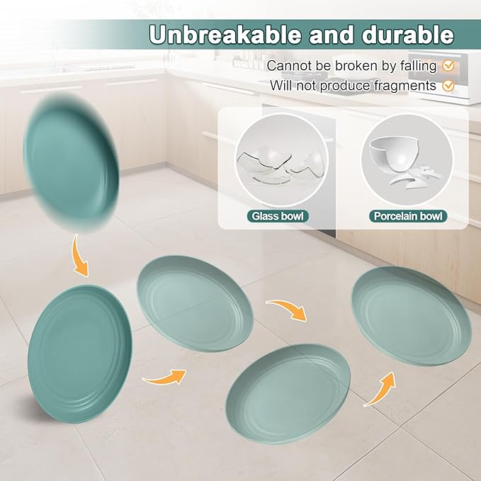 12 Pcs Unbreakable Deep Dessert Plates Set, 8 inch Reusable Plastic Wheat Straw Plates, Microwave and Dishwasher Safe Plate for Kitchen, Lightweight Plate for Dessert, BPA Free, Dark Green