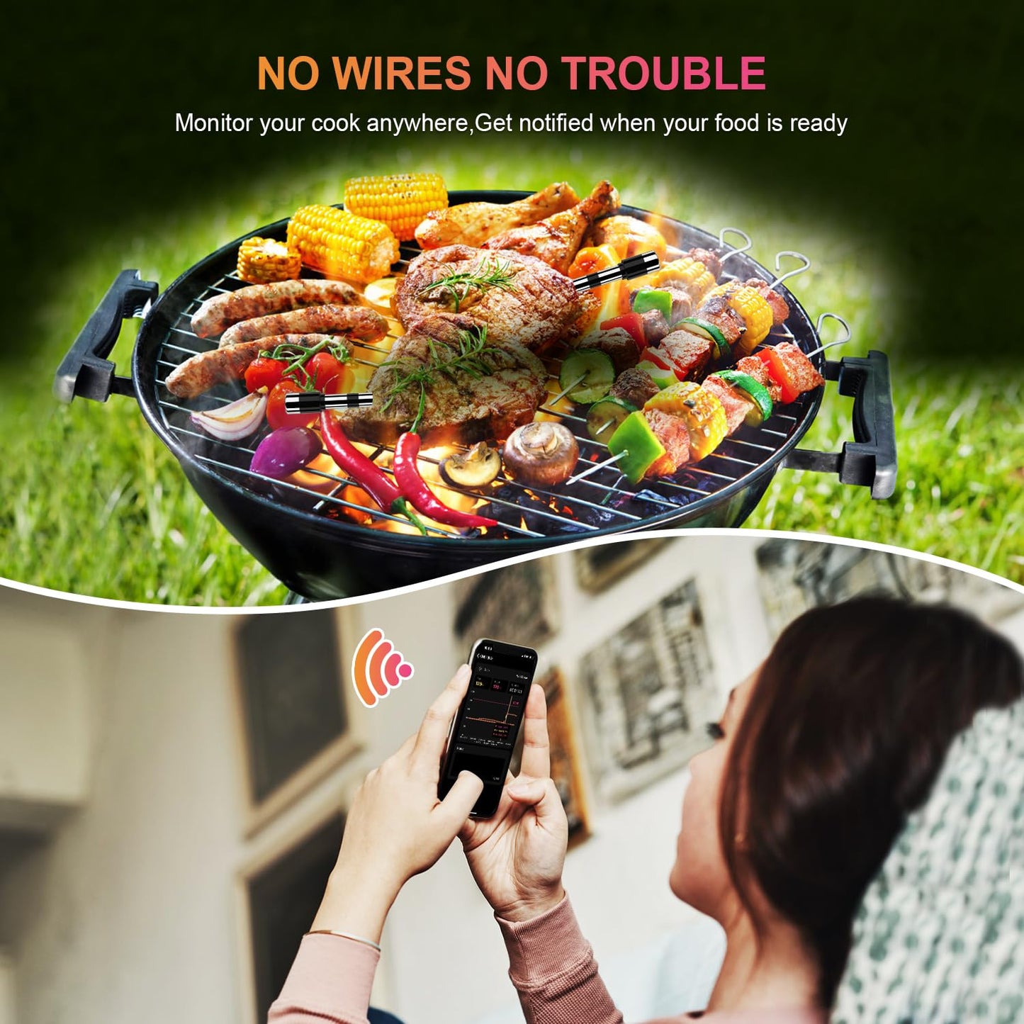 Wireless Smart Meat Thermometer with Dual-Sensor Probe, 500FT Remote Monitoring, Dedicated App, Real-Time Ambient and Food Temperature Tracking for Precise Cooking Control