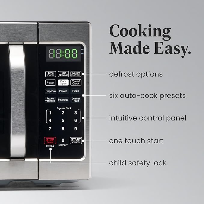 Farberware 0.7 Cu. Ft. Countertop Microwave Oven – 700 Watts Power, Auto Cook Settings, Defrost, Easy Clean and Child Safety Lock - Stainless