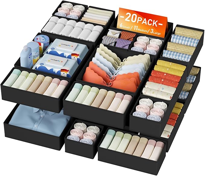 DIMJ Drawer Organizer Clothes - 20 Pack Closet Drawer Organizer Bins for Baby Clothes Storage, Fabric Dresser Organizer for Nursery Bedroom, Foldable Small Drawer Dividers for Underwear Socks