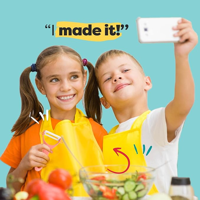 Baketivity Kid Safe Plastic Knives for Real Cooking with Cutting Board, Peeler for Kitchen - Knife Set with Blunt Tip, Dishwasher Safe, BPA Free Kids Knives for Cutting