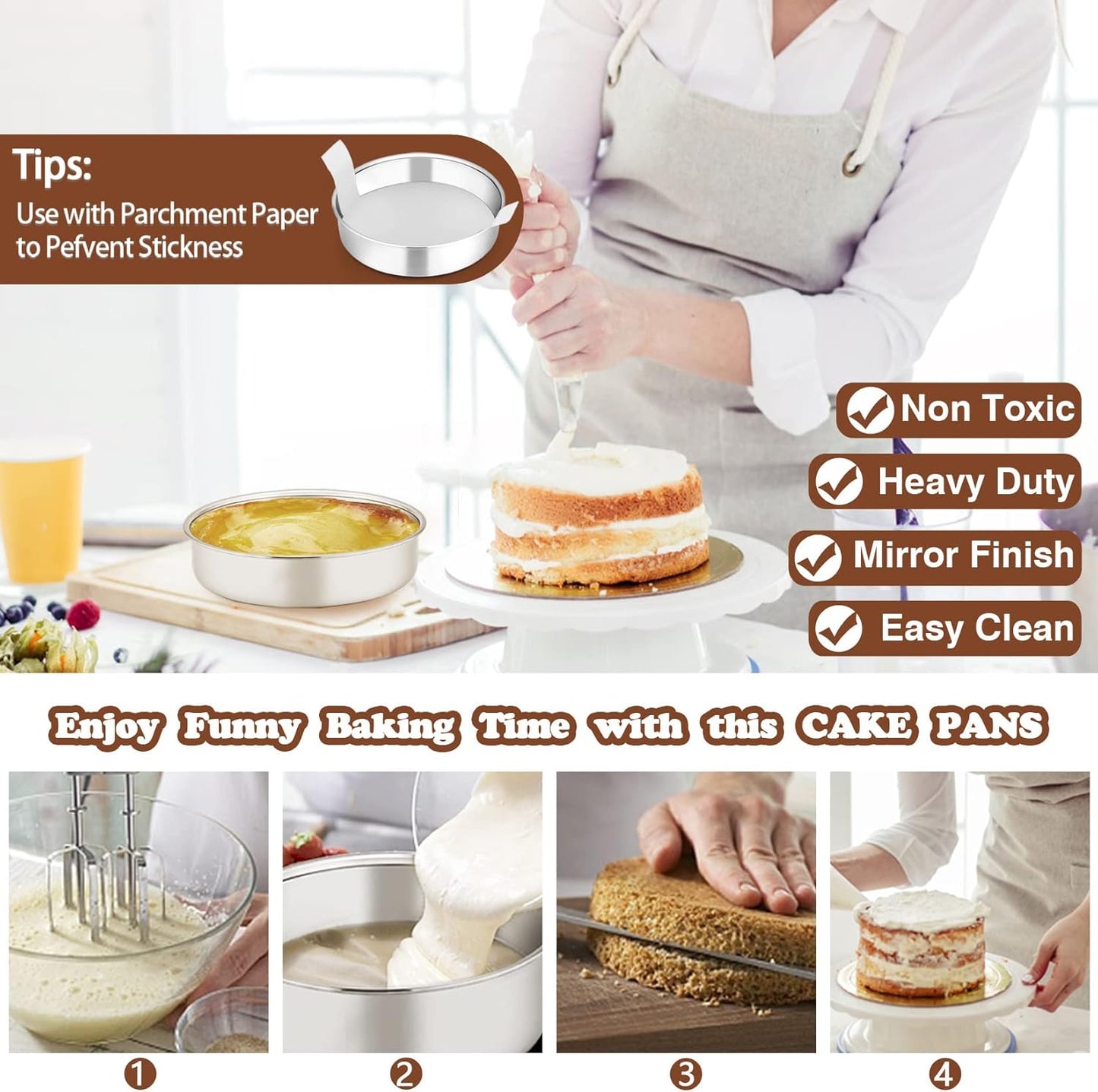 P&P CHEF 6 Inch Round Cake Pan Set of 3, Stainless Steel Round Baking Layer Pans Bakeware for Layer Birthday Cake, Fit Oven/Pots/Pressure Cooker, Leakproof & Dishwasher Safe, Silver